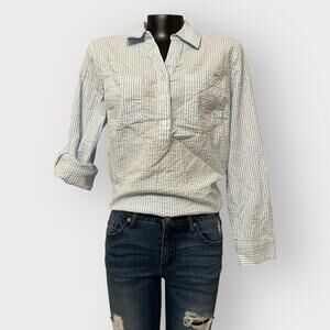 D&CO 1/2 Button Up Top Womens sz M Stripe Convertible Sleeve Pullover Shirt Blue